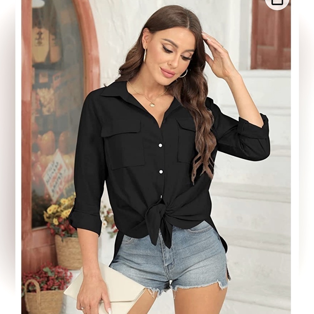 V-neck Button Down long sleeve Black Top. Size Small - Picture 4 of 9